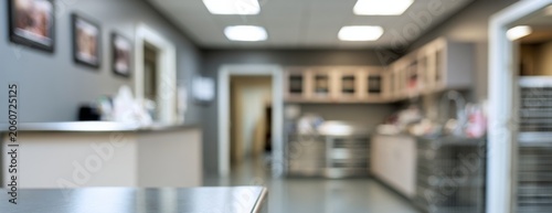 Blurred interior of a veterinary clinic with modern furnishings  