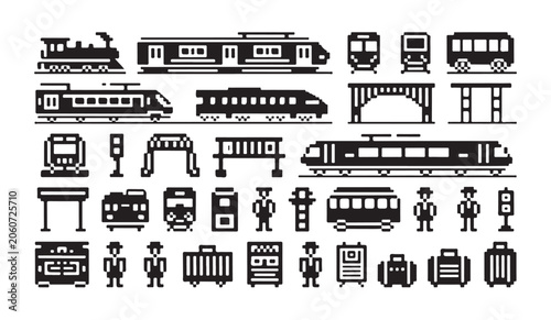 Set of 35 train related pixel art icons isolated on white background, black and white style.