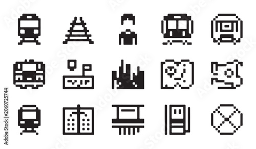 Fotografie Pixel art icons set for transportation people and city elements.