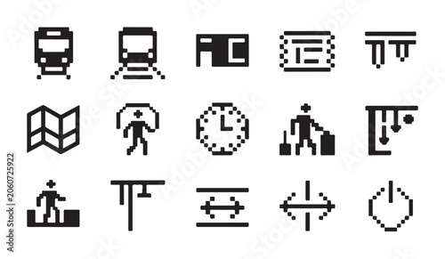Schilderij op canvas Public transit information system icons with train map clock and commuter silhouettes design