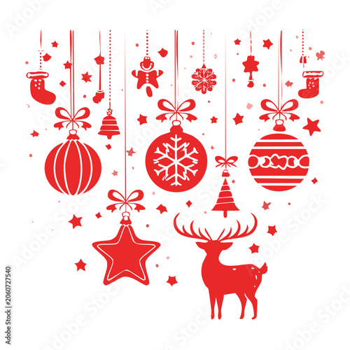 Red Christmas Ornaments and Reindeer Illustration