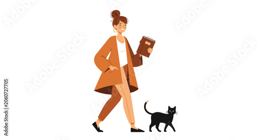 Woman walking with a black cat and books.