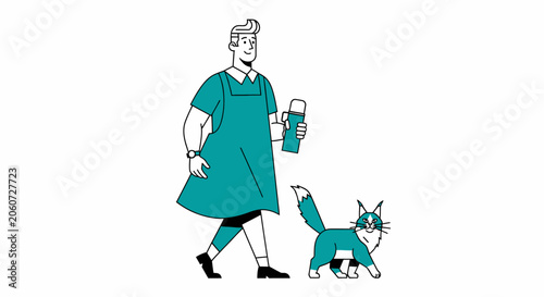 Woman in teal dress walking a cat holding coffee.