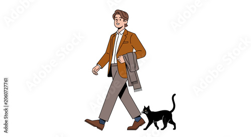 Man walking with black cat on leash outdoors.