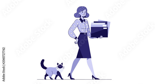 Businesswoman walking with cat and documents.