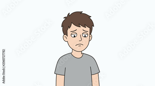 Tableau sur toile Sad boy looking down with a worried expression on his face isolated on a white b