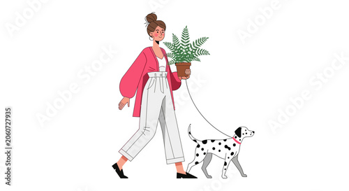 Woman walking a Dalmatian dog while carrying a potted plant.