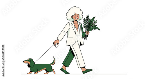 Elderly woman walking a green dog on a leash.