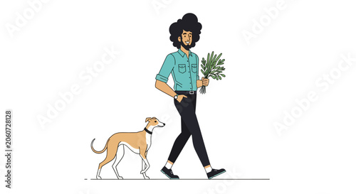 Woman walking dog while holding fresh green herbs.