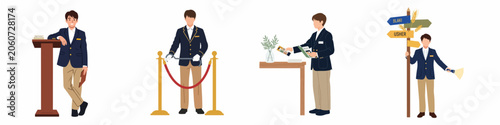 Fotografie Flat illustration set of a professional male usher in uniform performing various event staff duties like managing stanchions, guiding guests, and handing out programs