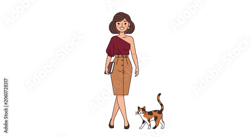 Woman in brown dress walking a cat on leash.