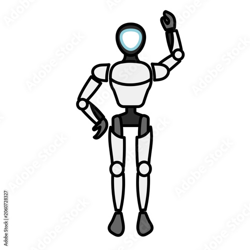 片手を挙げて挨拶や合図のポーズをとる白い人型ロボットのイラスト｜人工知能の案内やテクノロジーの紹介イメージに最適なベクター素材