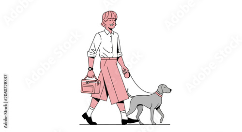 Woman walking her dog while carrying a handbag.