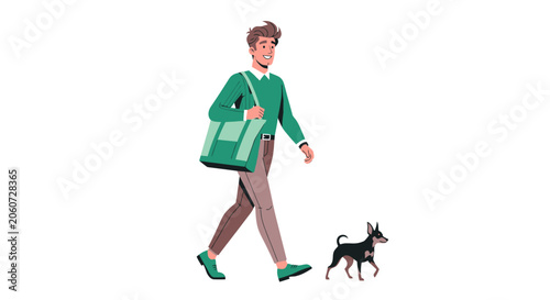 Woman walking her small black dog outdoors.