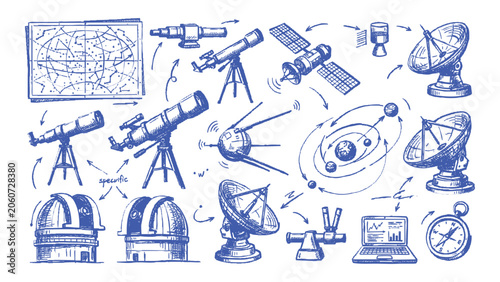 Принти на полотні Set of hand-drawn astronomy and space exploration equipment, including telescopes, satellites, radar dishes, and star charts, isolated on white background