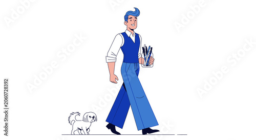 Illustrated man walking with art supplies and dog.