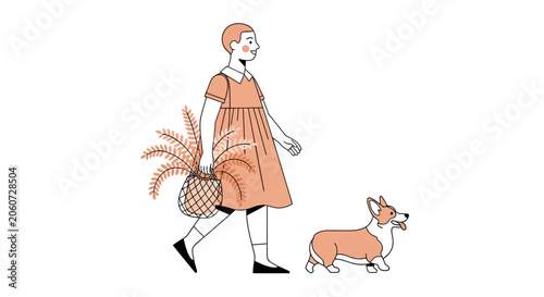 Young girl walking her corgi dog with basket.