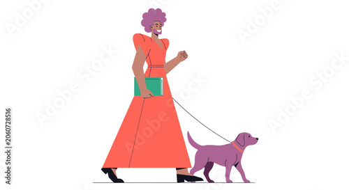 Woman in red dress walking a purple dog on leash.