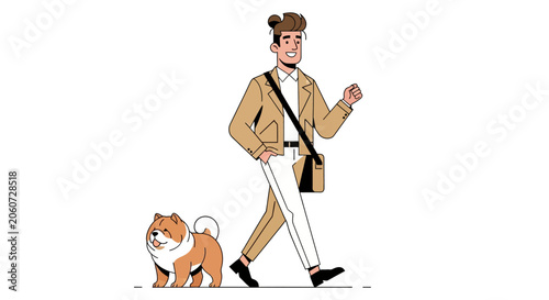 Man walking his small dog on a leash outdoors.