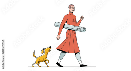 Woman walking her dog while carrying rolled papers.