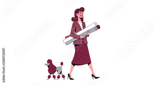 Elegant woman walking two poodles and holding rolled papers.
