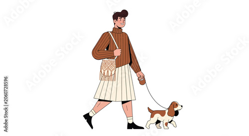 Woman walking her dog on a leash outdoors.