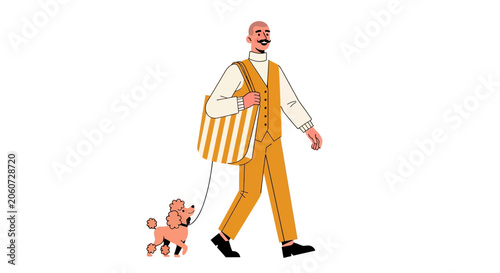 Clown walking a small dog on a leash.