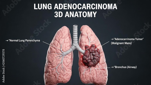 3D Labeled Medical Anatomy Illustration of Lung Adenocarcinoma, Malignant Tumor Mass in Human Lung Tissue