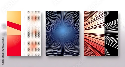 Vibrant Abstract Digital Art with Dynamic Lines, Dots, and Radial Patterns in Red, Blue, Black, and White for Modern Design and Creative Inspiration