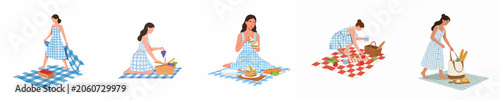 Schilderij op canvas Set of Vector Illustrations Featuring a Woman Enjoying a Picnic Outdoors with Food, Checkered Blankets, and Picnic Baskets