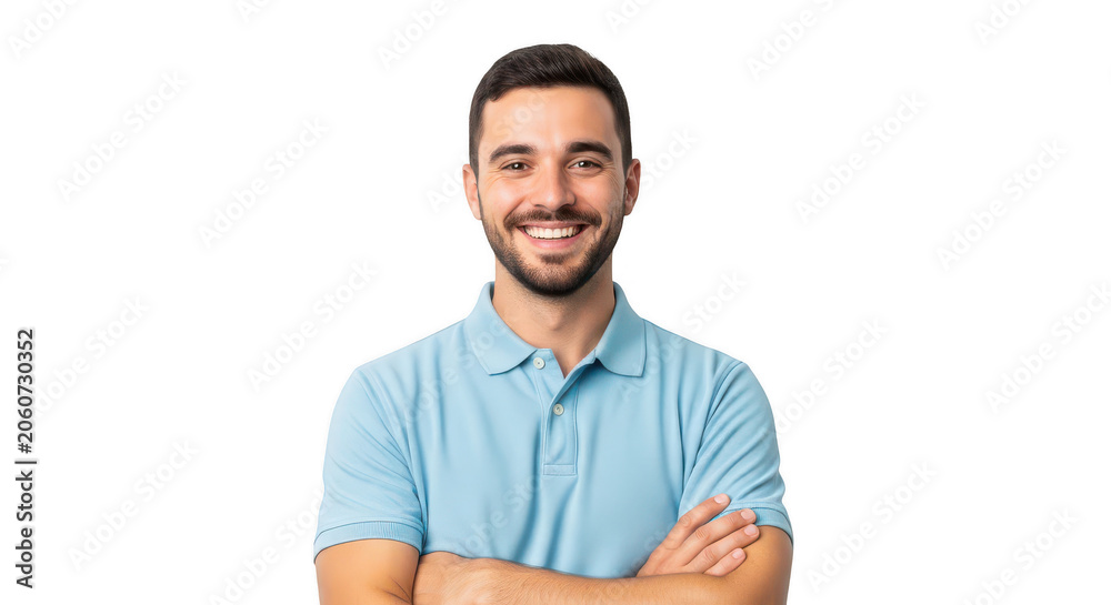 Obraz premium Smiling young man with beard wearing a light blue polo shirt isolated on transparent background