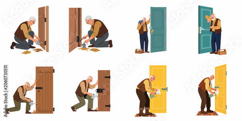 Set of illustrations depicting an elderly man performing various door maintenance tasks like oiling hinges and cleaning, in a flat vector style