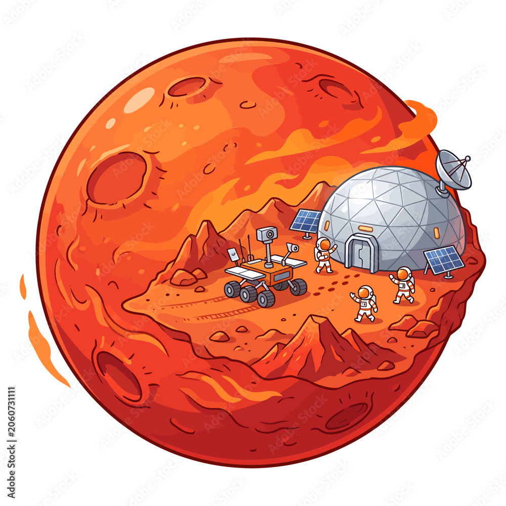 Fototapeta premium Vibrant 2D illustration of a Mars colony dome base with astronauts and rover