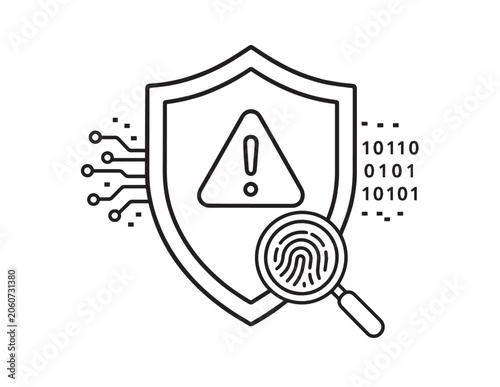 Cyber Security Warning Icon with Shield, Exclamation Mark, Fingerprint, and Binary Code Vector