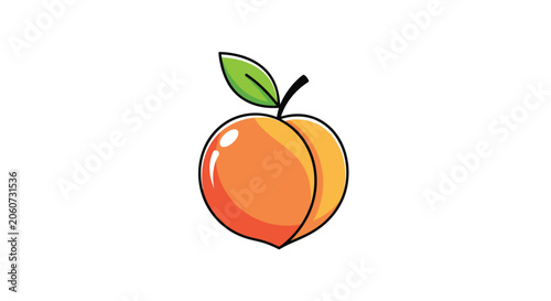 Ripe orange peach fruit with a green leaf on top illustrated in a vibrant and simple cartoon style with black outlines.