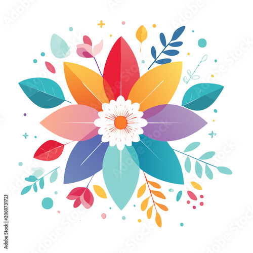 Colorful flat design flower illustration with leaves and dots