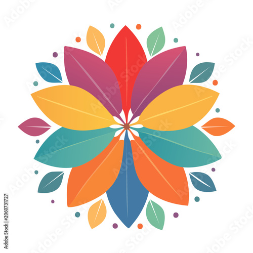 Colorful flower mandala illustration with leaves and dots