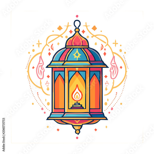 Colorful ornate lantern with flame and decorative elements
