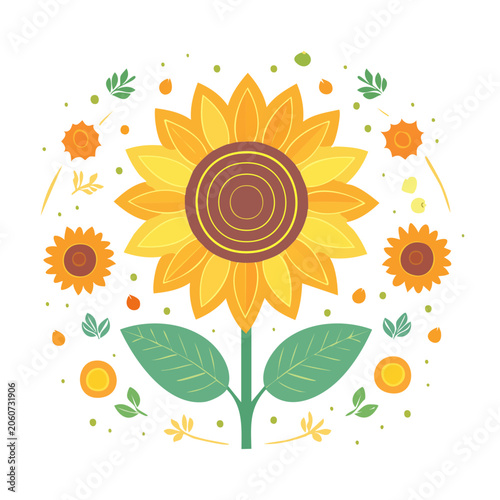 Flat design illustration of a sunflower with leaves and petals