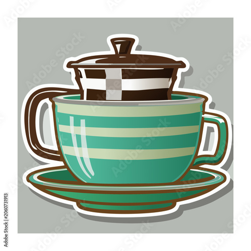Flat design illustration of coffee cup with filter on saucer