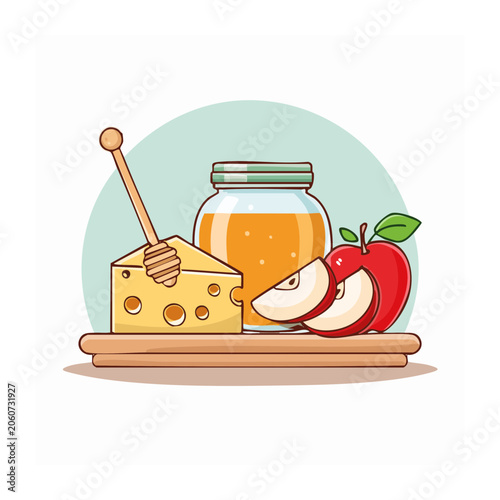 Flat design illustration of honey jar with cheese and apple