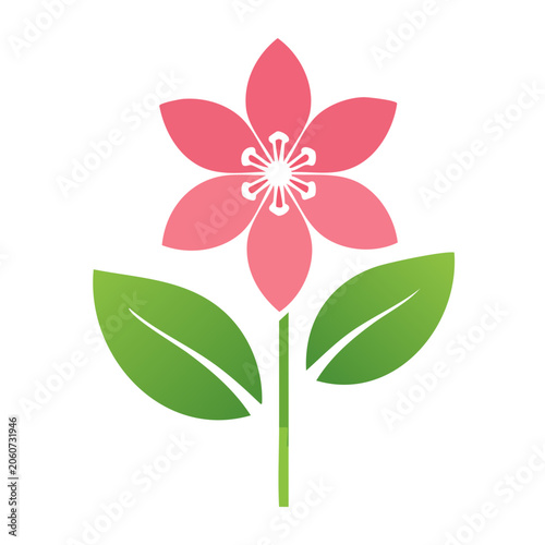 Flat design pink flower with green leaves on white background