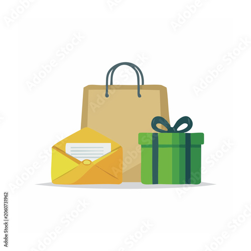 Flat design shopping bag gift box and envelope illustration