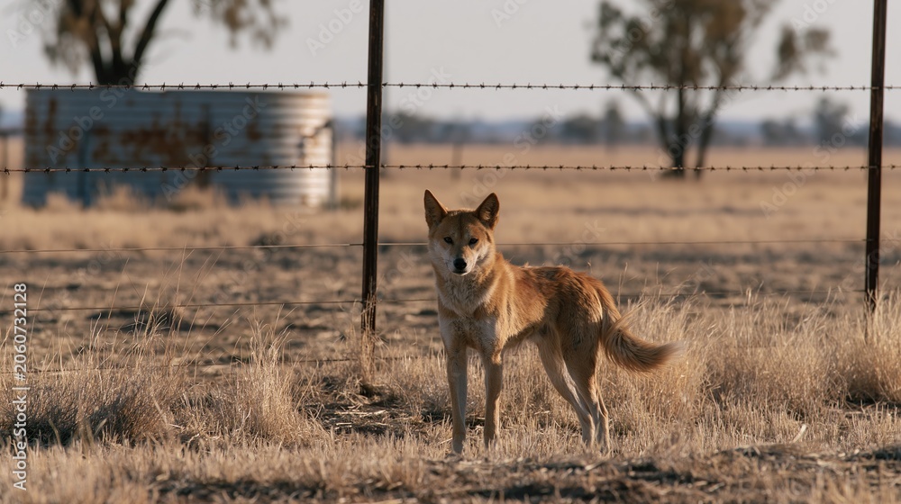 Fototapeta premium Dingo Standing in Dry Grassland Landscape