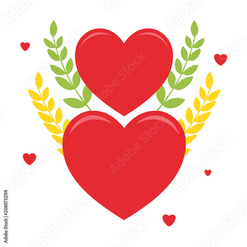 Two Red Hearts with Laurel and Wheat Illustration