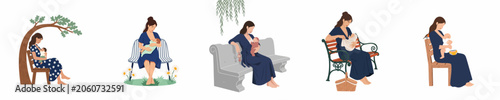 Obraz na plátne Illustrations of mothers breastfeeding their babies on park benches, highlighting the beauty and naturalness of public nursing in peaceful outdoor settings