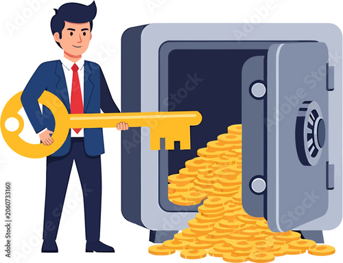 Businessman holding giant golden key near open safe full of gold coins wealth and success concept