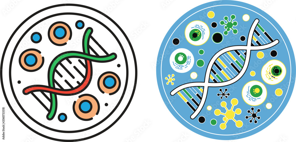 Fototapeta premium Colorful DNA Helix and Diverse Microbes in a Petri Dish Graphic, Visualizing Genetic Science, Biological Research, and Microbiology Concepts