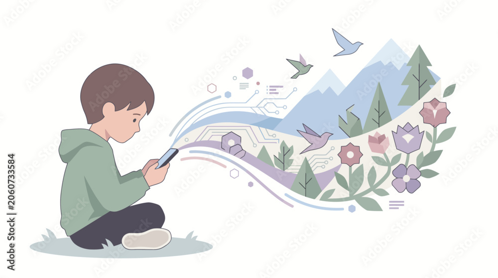 Obraz premium Vector illustration of a boy sitting using phone with creative nature and tech graphics flowing out