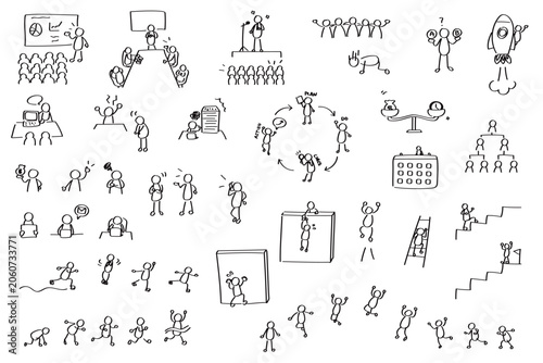 ビジネスの落書き風素材セット｜棒人間で描くさまざまなビジネスシチュエーション
